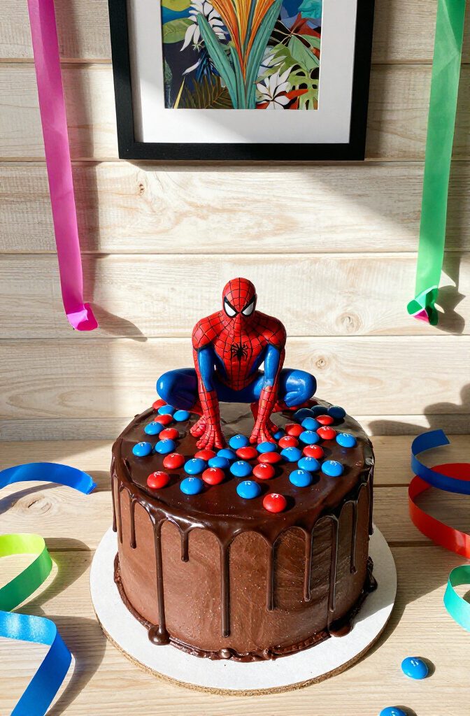 A cake topped with red and blue M&Ms and a Spider-Man figure.
