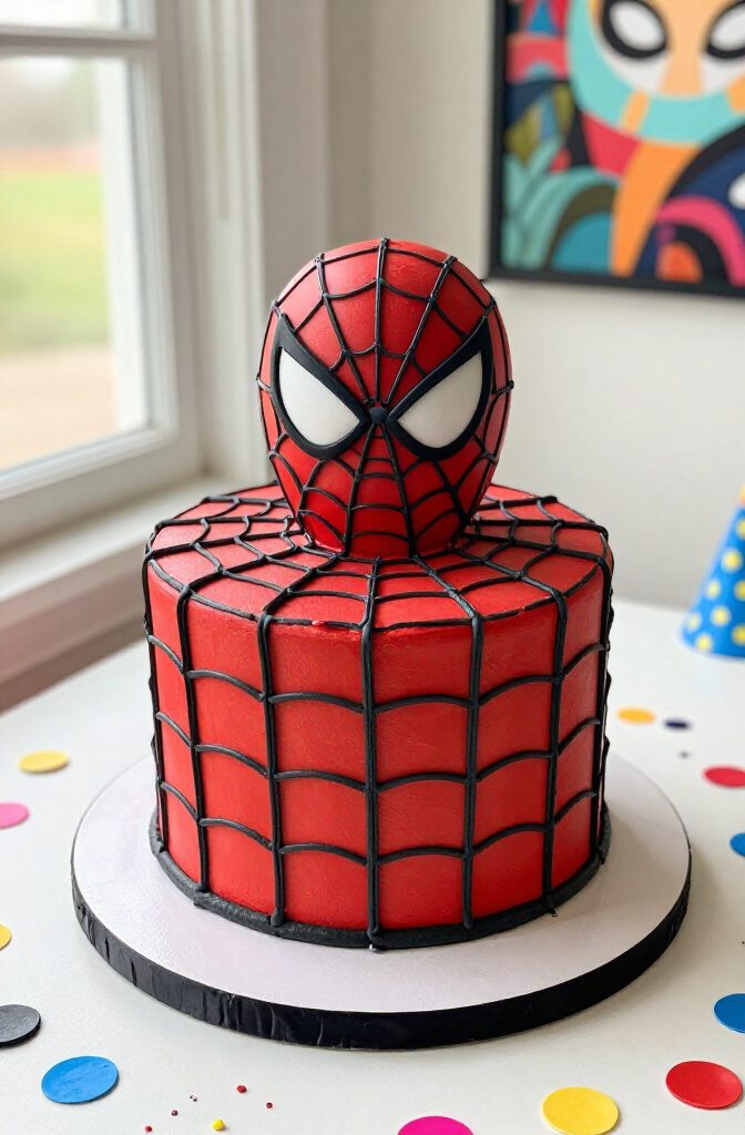 A red cake decorated with black webbing and white Spider-Man eyes.