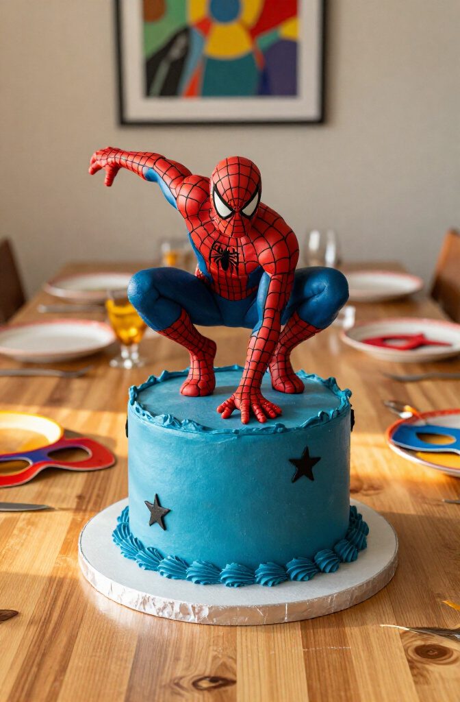 A cake with a molded Spider-Man figure in a dynamic pose.