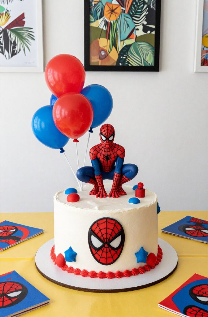A cake featuring Spider-Man and colorful edible balloons.