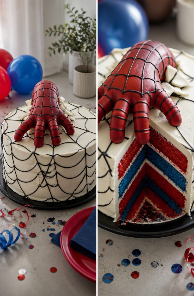 A cake with a sculpted Spider-Man hand emerging from it.