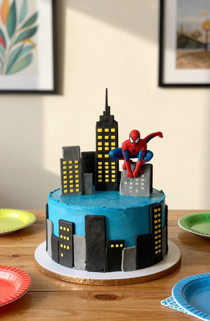 A rectangular cake decorated with a city skyline and Spider-Man figure.