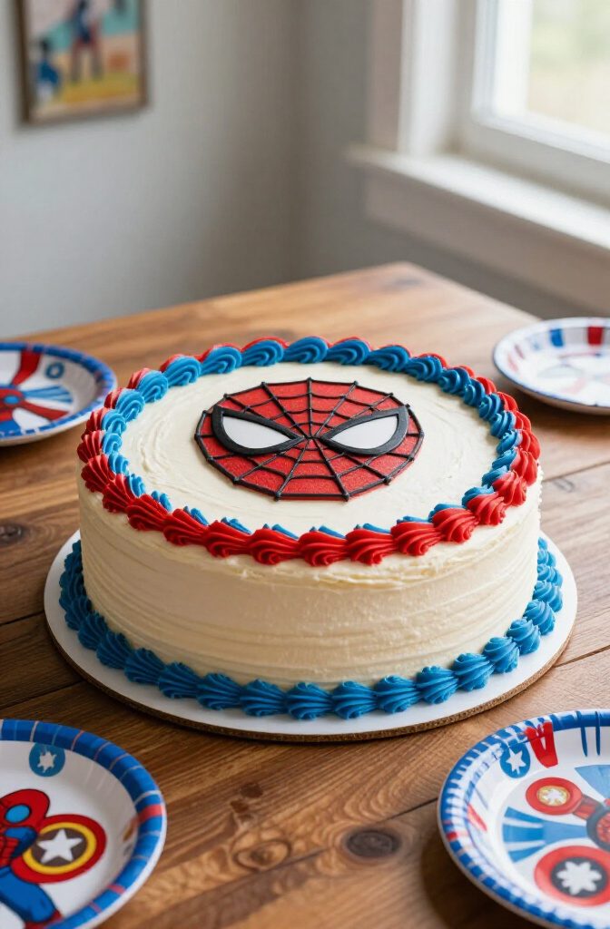A sheet cake decorated with red and blue frosting borders.