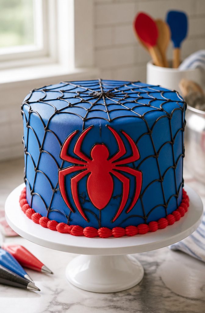A cake featuring the Spider-Man emblem and piped webbing.