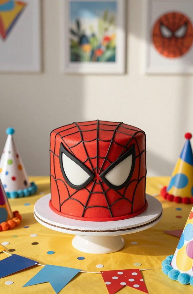 A cake carved into the shape of Spider-Man's mask.