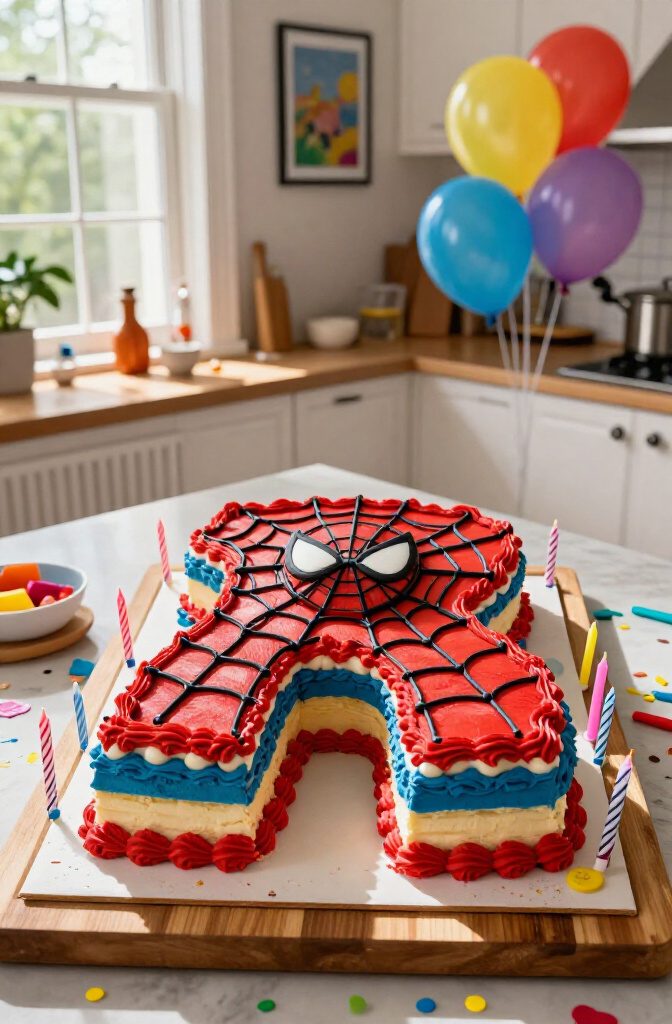 A cake shaped like a number with Spider-Man decorations.
