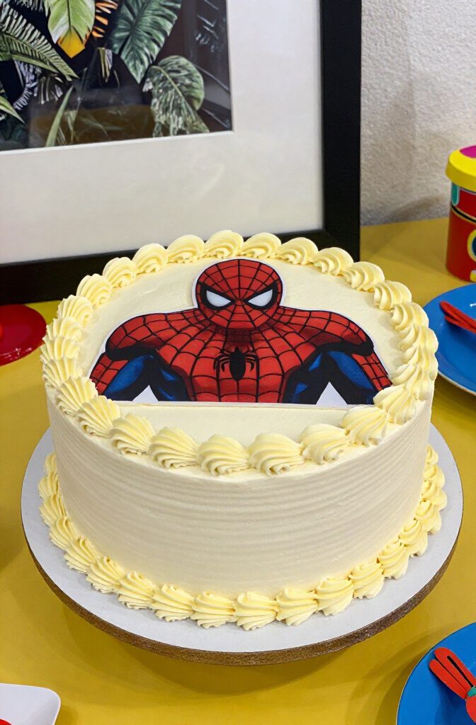 A round cake with an edible image of Spider-Man on top.