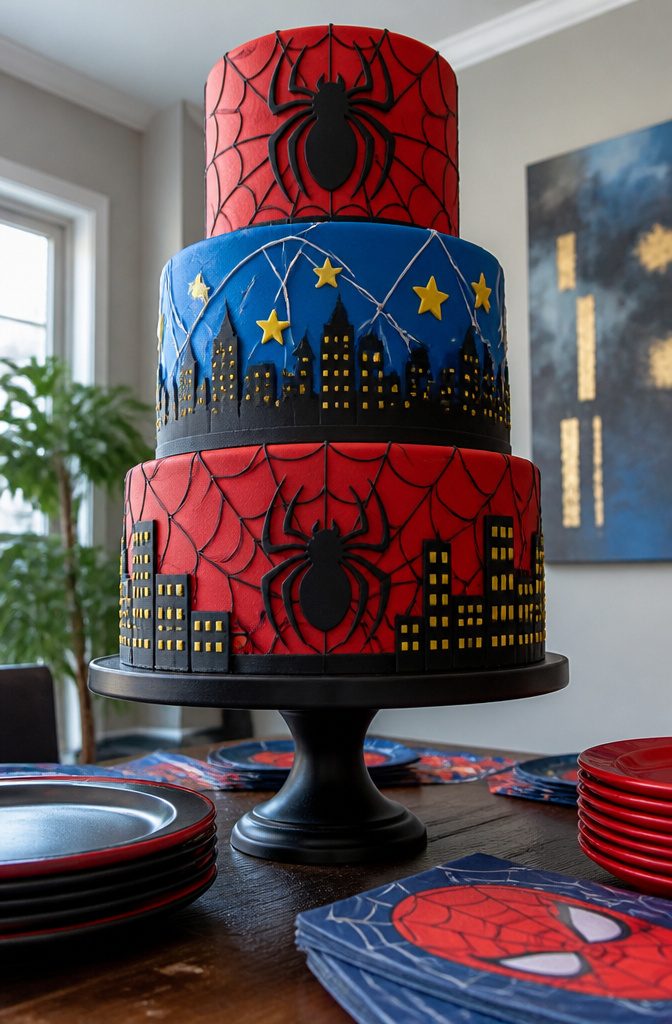 A tall cake with three tiers, each decorated with Spider-Man themes.