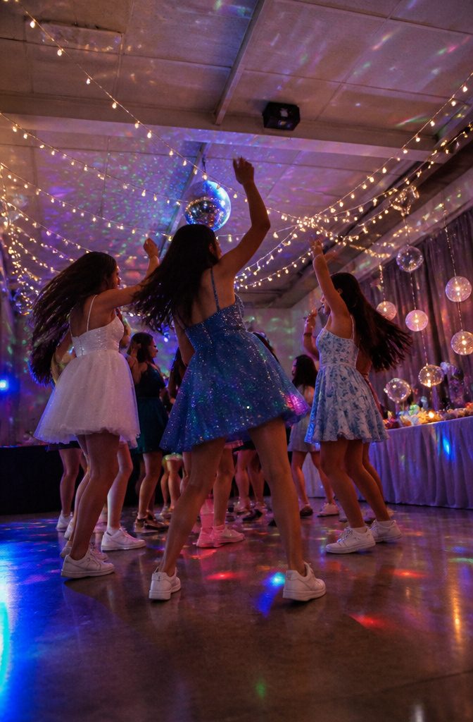 16 Sweet Sixteen Birthday Party Ideas for an Unforgettable Celebration 7 A dance floor with cleared space, string lights, and colored bulbs for ambiance.