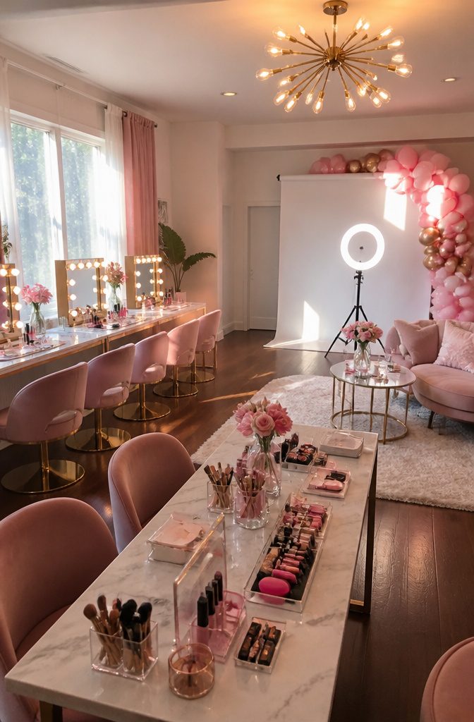 16 Sweet Sixteen Birthday Party Ideas for an Unforgettable Celebration 5 Makeup stations with products and mirrors set up for a makeover party.