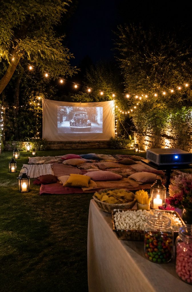 16 Sweet Sixteen Birthday Party Ideas for an Unforgettable Celebration 6 Outdoor movie setup with projector, blankets, and fairy lights in a backyard.