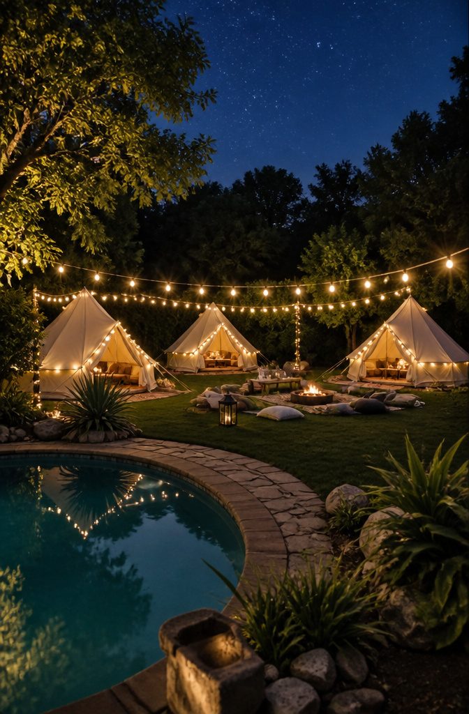 16 Sweet Sixteen Birthday Party Ideas for an Unforgettable Celebration 3 Guests enjoying glamping setup with string lights and a fire pit.