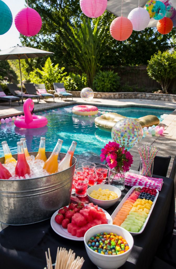 16 Sweet Sixteen Birthday Party Ideas for an Unforgettable Celebration 15 Guests enjoying a pool party with colorful floats and lush greenery around.