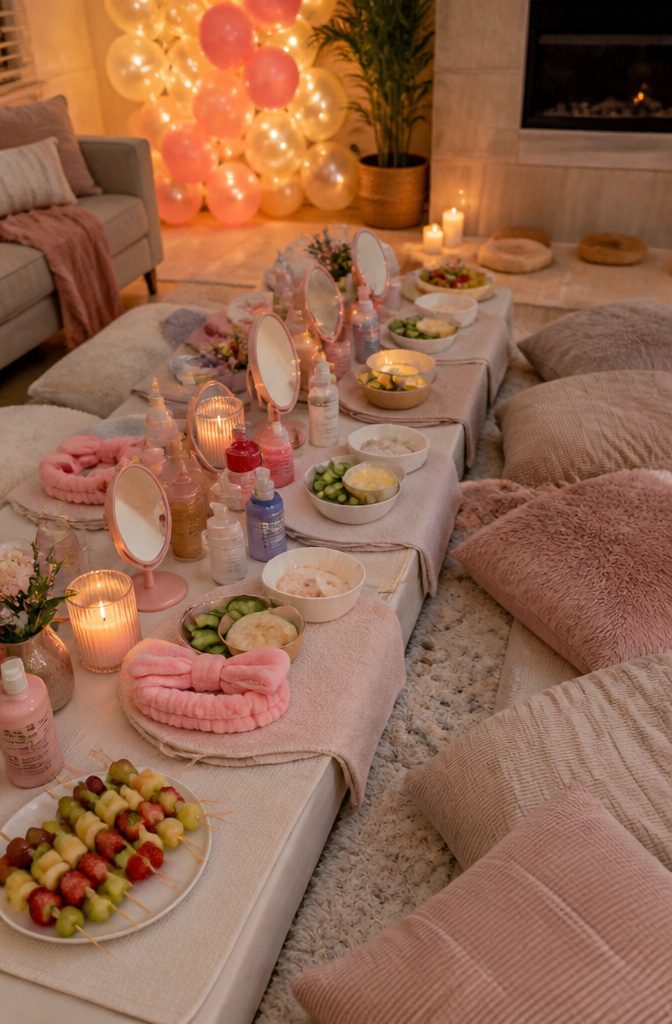 16 Sweet Sixteen Birthday Party Ideas for an Unforgettable Celebration 14 Teens enjoying a spa day with robes and various skincare products in a living room.