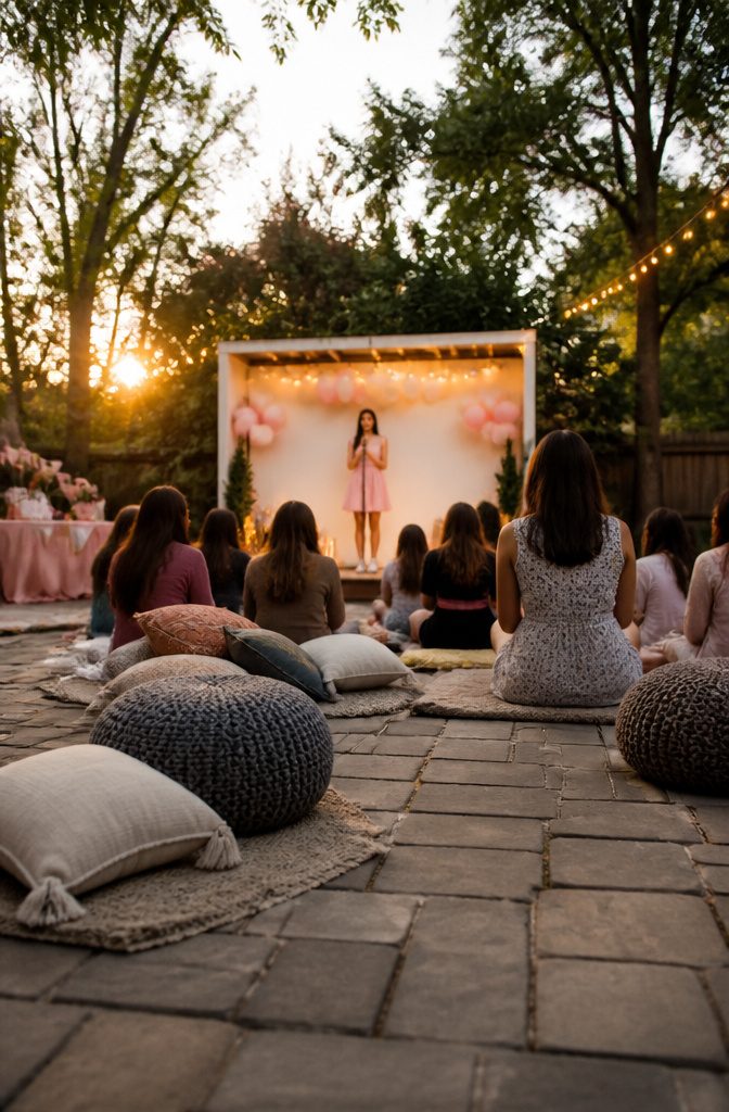 16 Sweet Sixteen Birthday Party Ideas for an Unforgettable Celebration 17 Guests performing on a small stage in a backyard talent show setting.