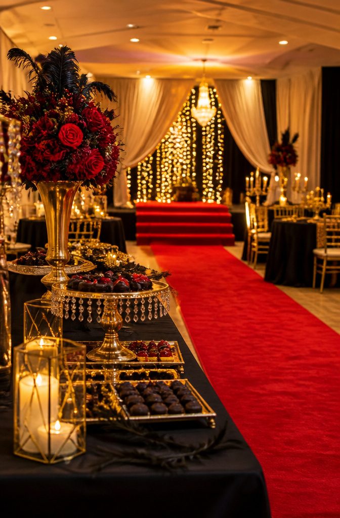 16 Sweet Sixteen Birthday Party Ideas for an Unforgettable Celebration 2 A decorated space with a red carpet, string lights, and elegant centerpieces.