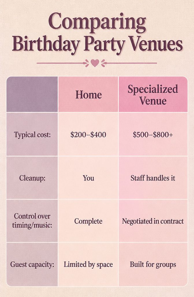 16 Sweet Sixteen Birthday Party Ideas for an Unforgettable Celebration 20 A table comparing costs and features of home and venue birthday parties.