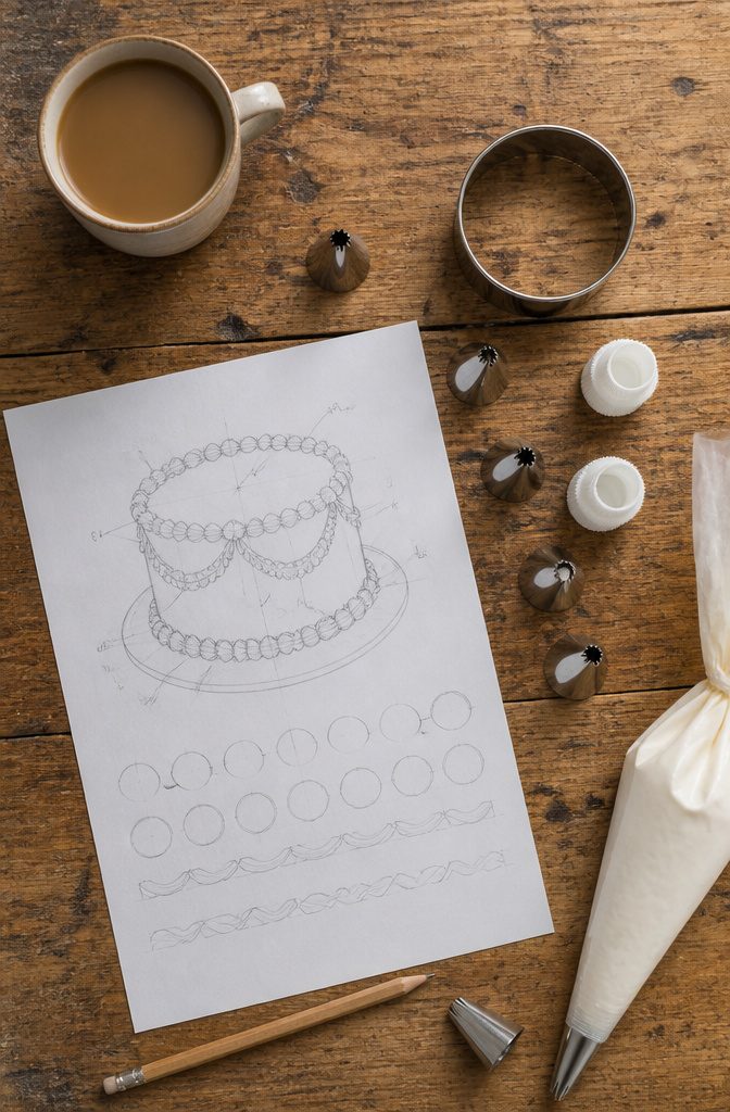 Vintage Cake Decorating: Classic Buttercream Piping Recipe and Techniques 7 A sketch of cake designs with notes for decoration planning.