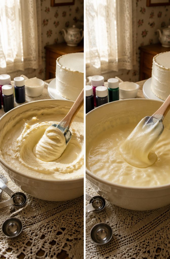 Vintage Cake Decorating: Classic Buttercream Piping Recipe and Techniques 5 A bowl of buttercream showing the desired consistency for piping.