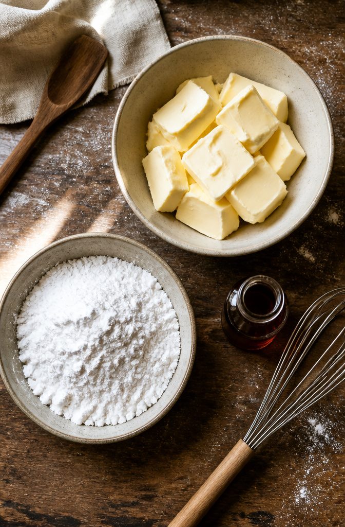 Vintage Cake Decorating: Classic Buttercream Piping Recipe and Techniques 2 A list of ingredients for vintage cake decorating, including butter and powdered sugar.