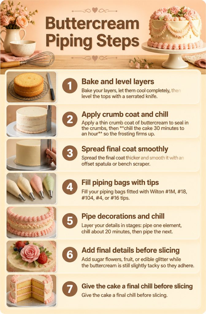 Vintage Cake Decorating: Classic Buttercream Piping Recipe and Techniques 3 An image titled 'Buttercream Piping Steps' illustrating cake decorating techniques.