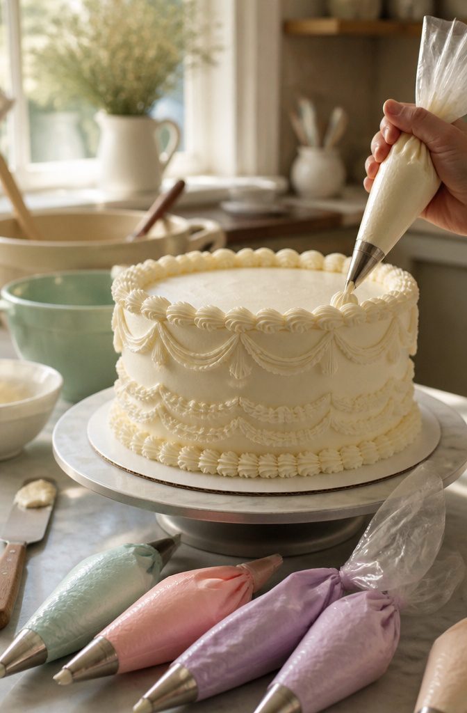 Vintage Cake Decorating: Classic Buttercream Piping Recipe and Techniques 4 A close-up of a cake with detailed piping techniques on a turntable.