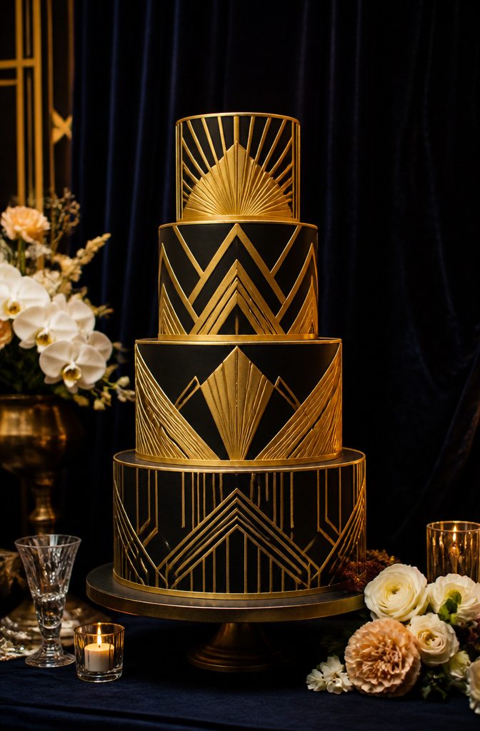 Wedding cake with bold Art Deco designs and gilded edges.