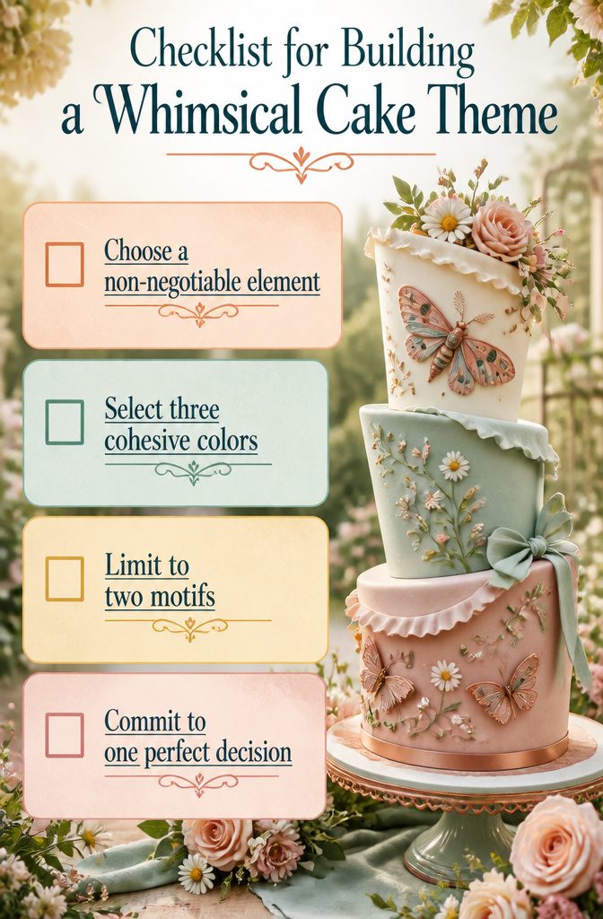 Checklist for creating a whimsical wedding cake theme.