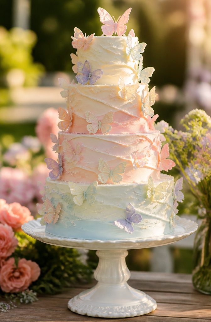 Wedding cake decorated with 3D butterflies made from gum paste.