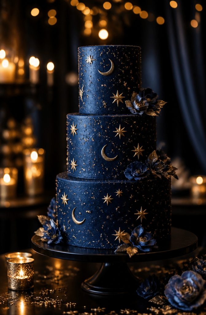 Wedding cake with navy buttercream and gold celestial decorations.