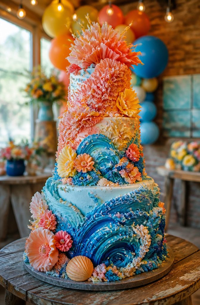 Sculptural wedding cake with carved tiers in bright colors.