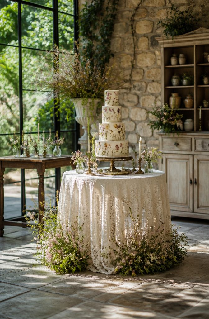 Cottagecore wedding cake featuring muted colors and floral decorations.