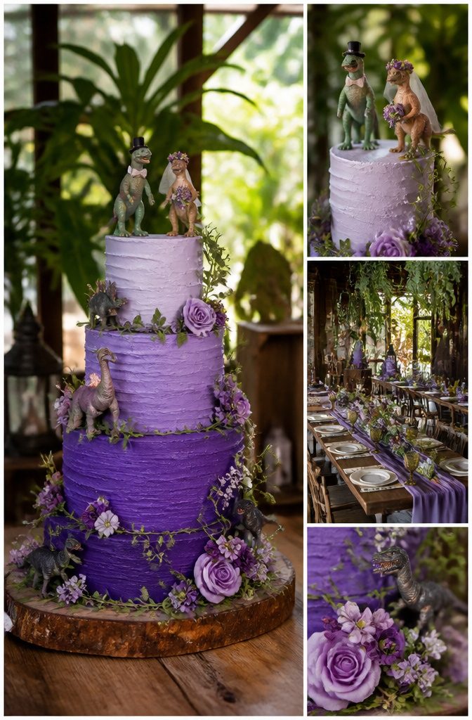 Wedding cake with dinosaur figurines and purple sugar flowers.