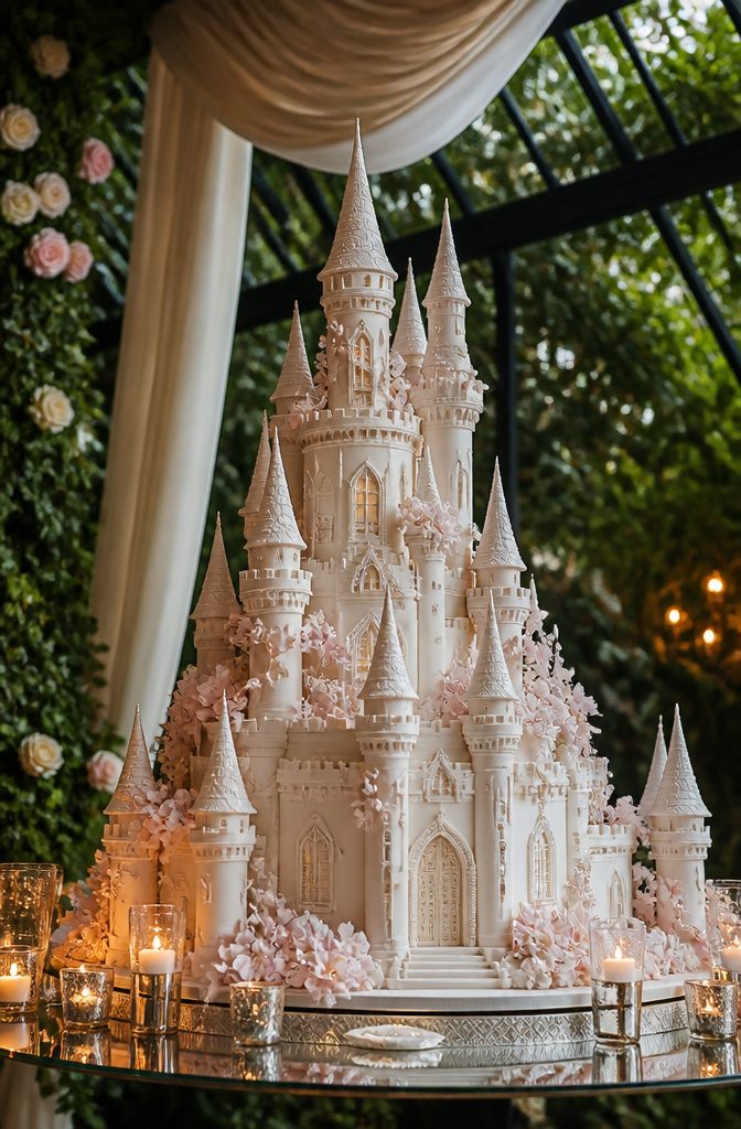 Castle wedding cake with decorative towers and fondant details.