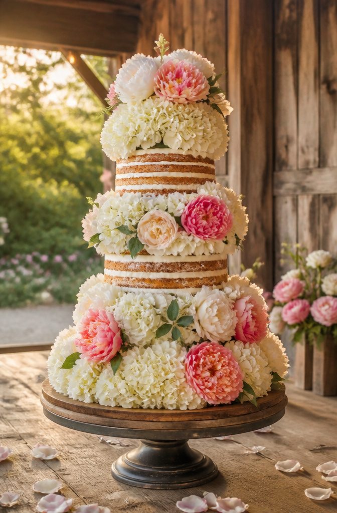 Wedding cake topped with fresh flowers like peonies and hydrangea.