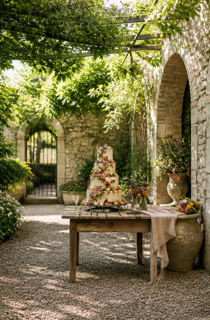 Wedding cake decorated with various fresh flowers and vines.