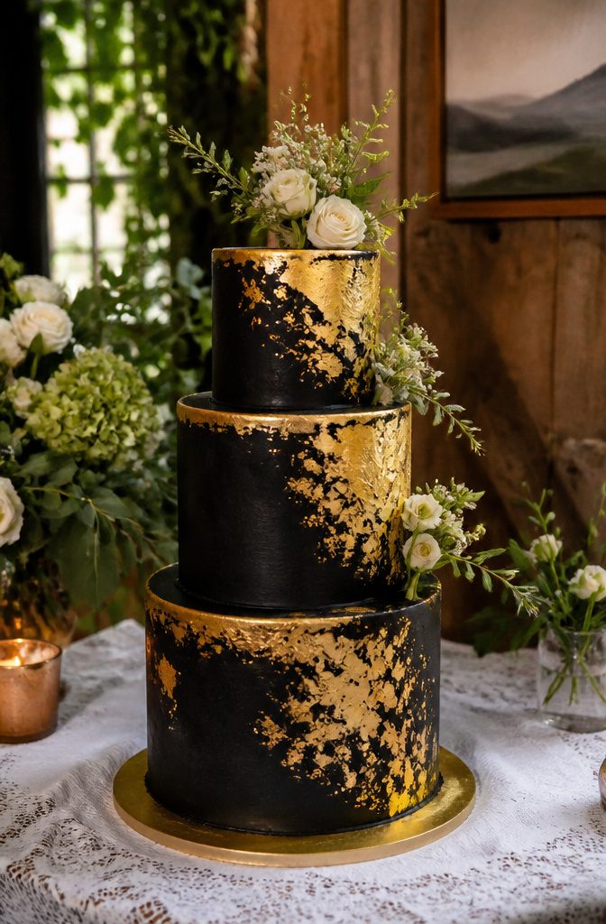 Black wedding cake decorated with gold leaf and soft blooms.