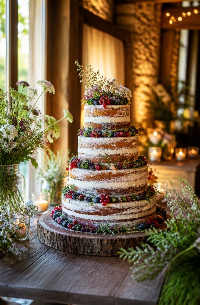 Naked wedding cake with visible layers and fresh herbs and berries.