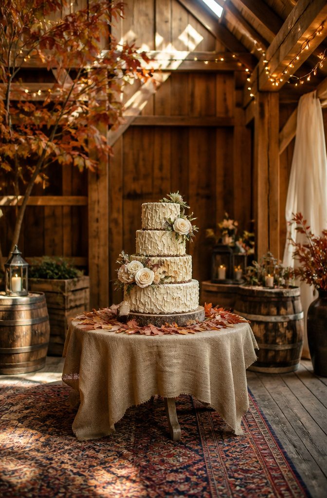 Wedding cake with textured buttercream and partially exposed layers.
