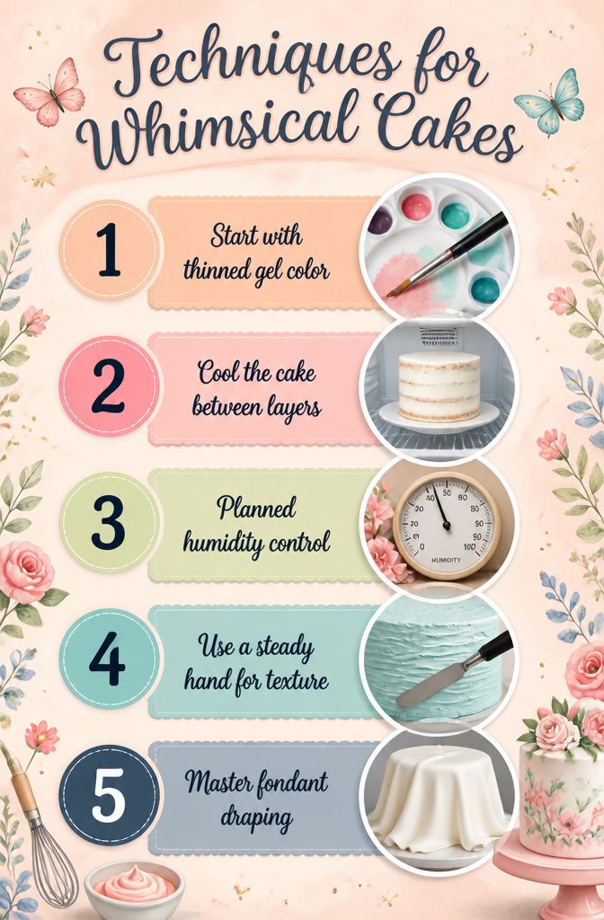 Techniques for creating whimsical wedding cakes displayed visually.