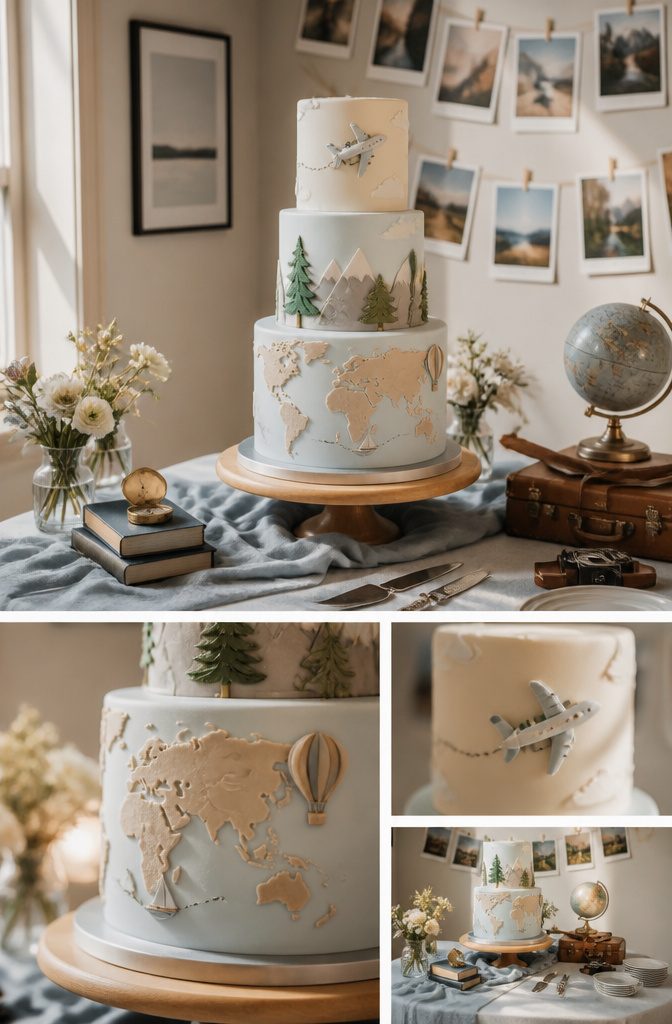 Wedding cake featuring themed decorations representing the couple's interests.