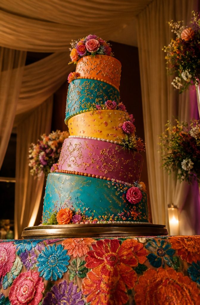 Topsy turvy wedding cake with tilted tiers for a whimsical effect.