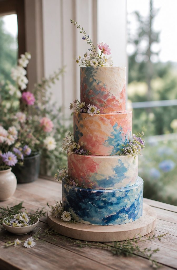 Watercolor wedding cake with pastel colors and hand-painted details.