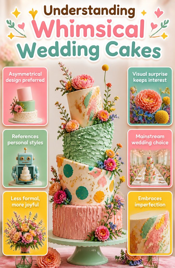 Whimsical wedding cake displaying unconventional designs and vibrant colors.
