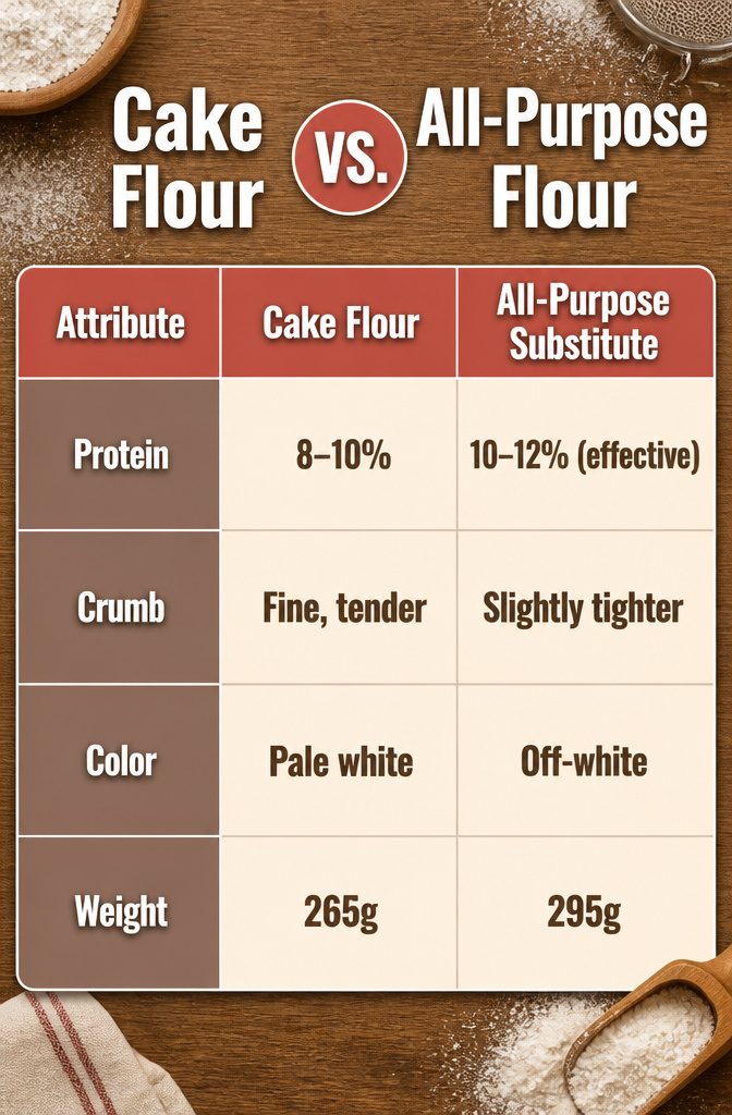 White Cake and Frosting Recipe 6 Chart comparing cake flour and all-purpose flour for white cake.