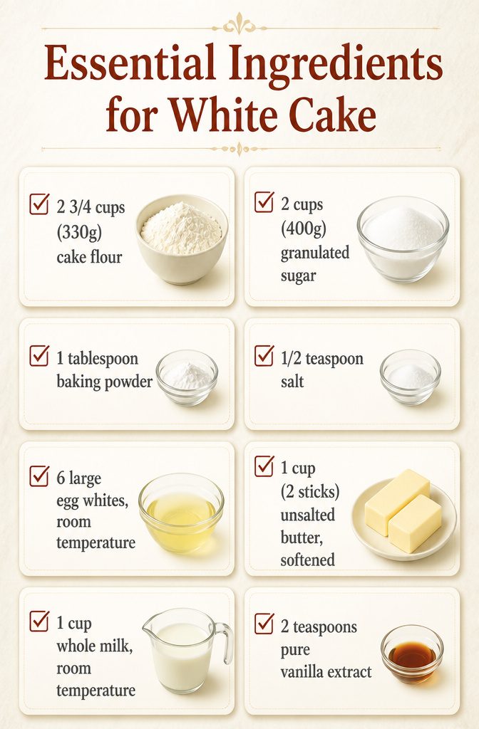 White Cake and Frosting Recipe 3 Ingredients for white cake displayed, including cake flour and sugar.