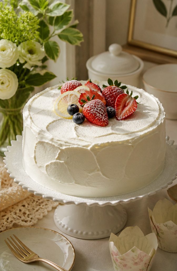 White Cake and Frosting Recipe 12 Frosted white cake topped with fruits and dusted with powdered sugar.
