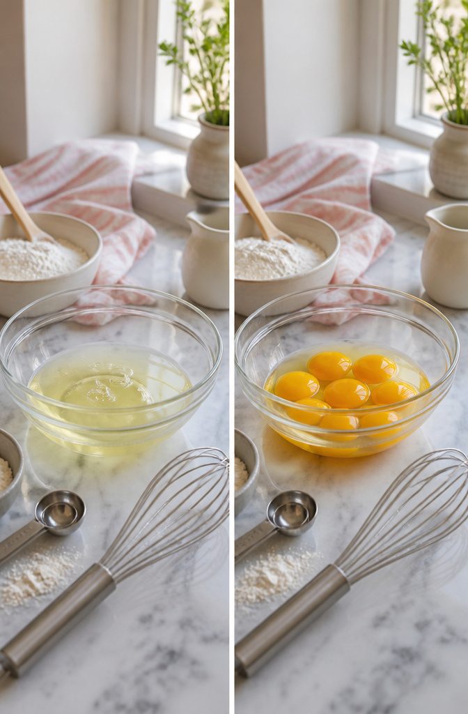 White Cake and Frosting Recipe 7 Egg whites in a measuring cup, used for making white cake.