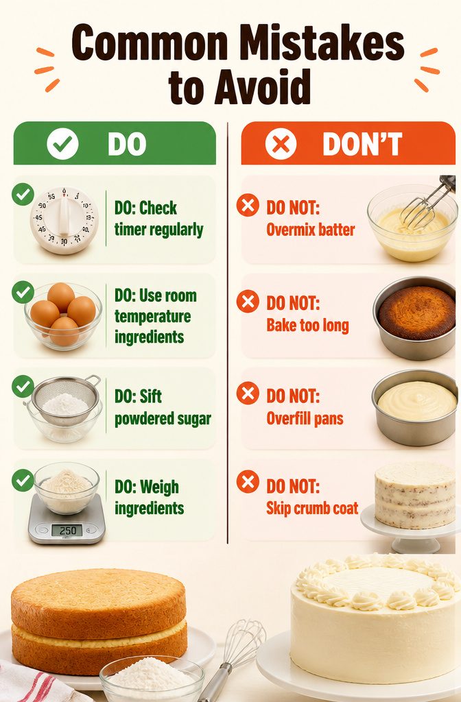 White Cake and Frosting Recipe 15 Image highlighting common mistakes to avoid when making white cake.