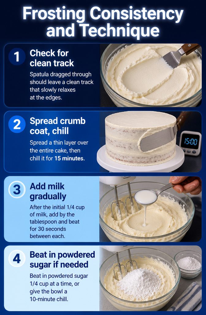 White Cake and Frosting Recipe 11 Buttercream frosting being tested for consistency with a spatula.